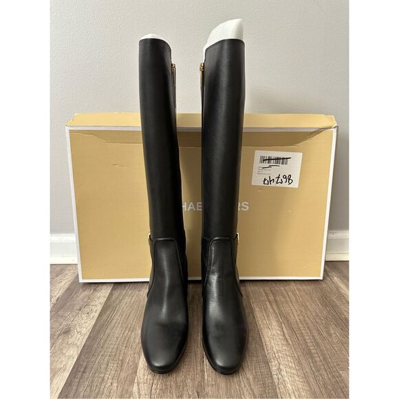 NWT Michael Kors Side Zip Block Heel Leather Carmen Riding Boots Black Size 7.5